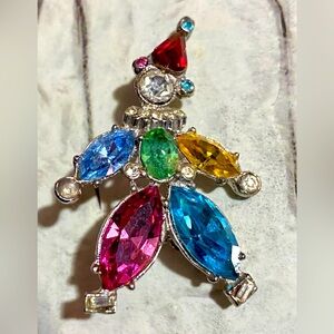 1950s ORA Signed Rhodium Silver-plated Multi-colored Crystal Clown Pin Brooch